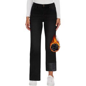 Fleece Lined Denim Jeans Women High Waist Wide Leg Winter Flare Pants
